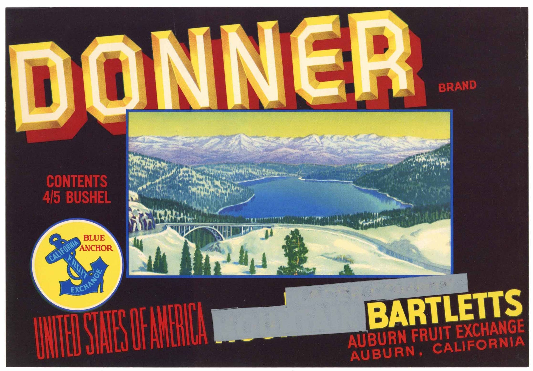 Donner Brand Vintage Placer County Pear Crate Label, overprint