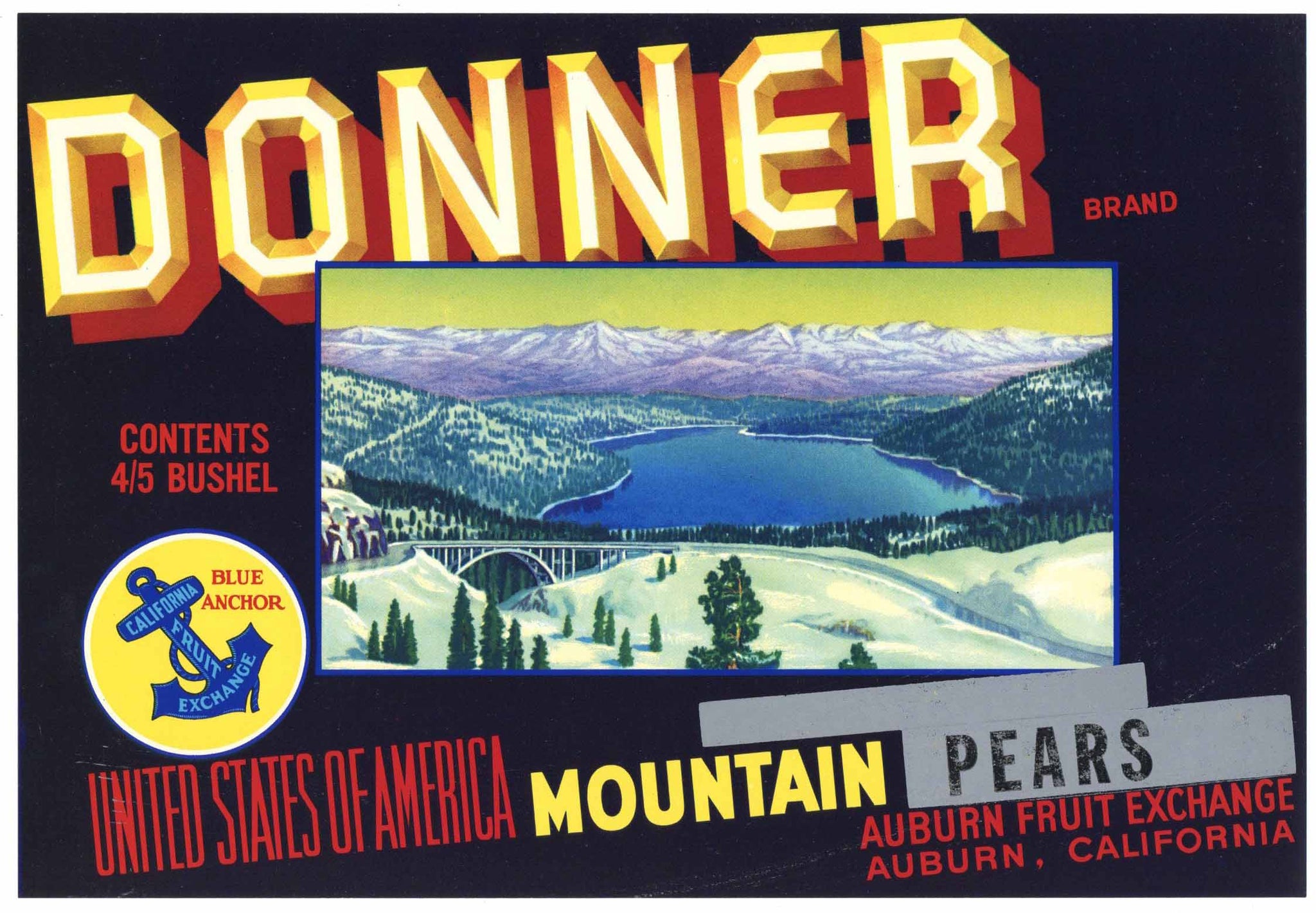 Donner Brand Vintage Placer County Pear Crate Label, overprint pears