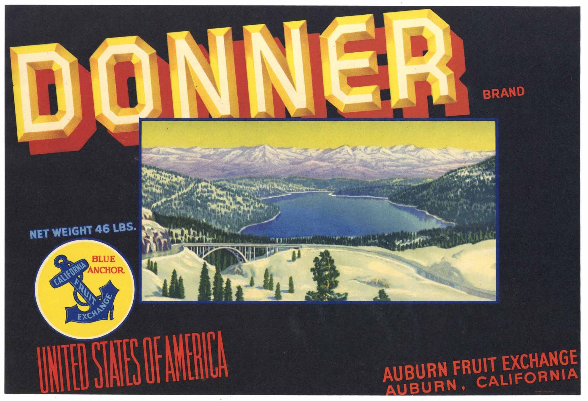 Donner Brand Vintage Placer County Pear Crate Label,46 LBS