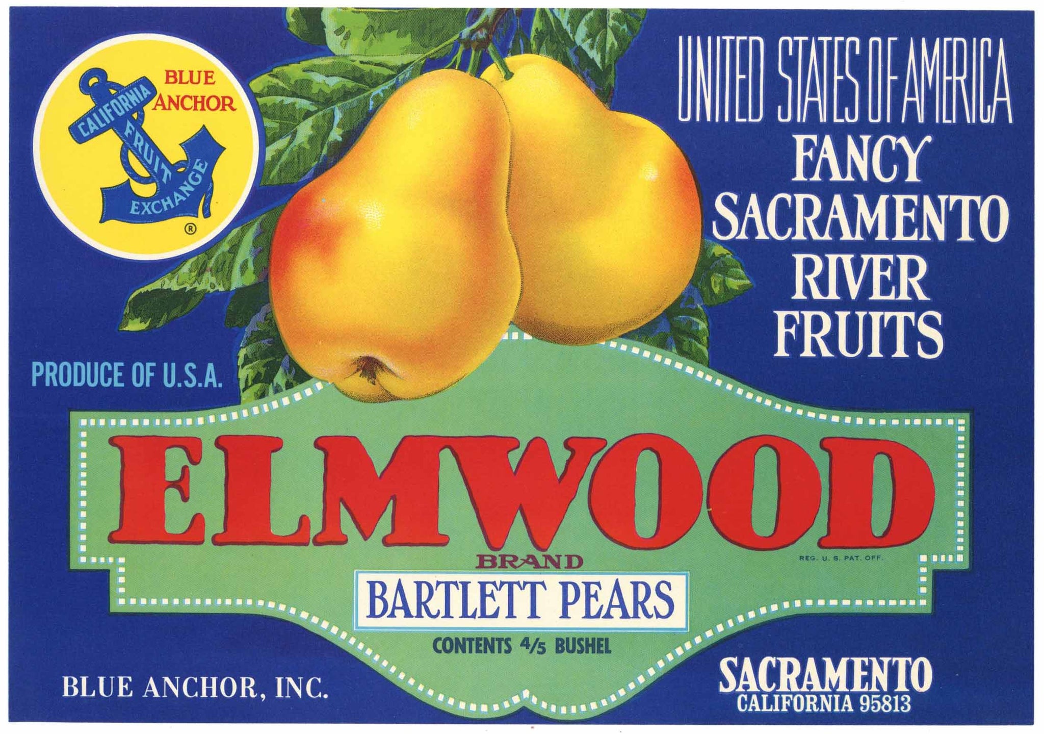 Elmwood Brand Vintage Blue Anchor Inc. Pear Crate Label, zipcode