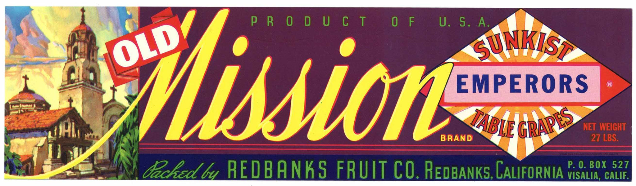 Old Mission Brand Vintage Grape Crate Label, newer, Sunkist