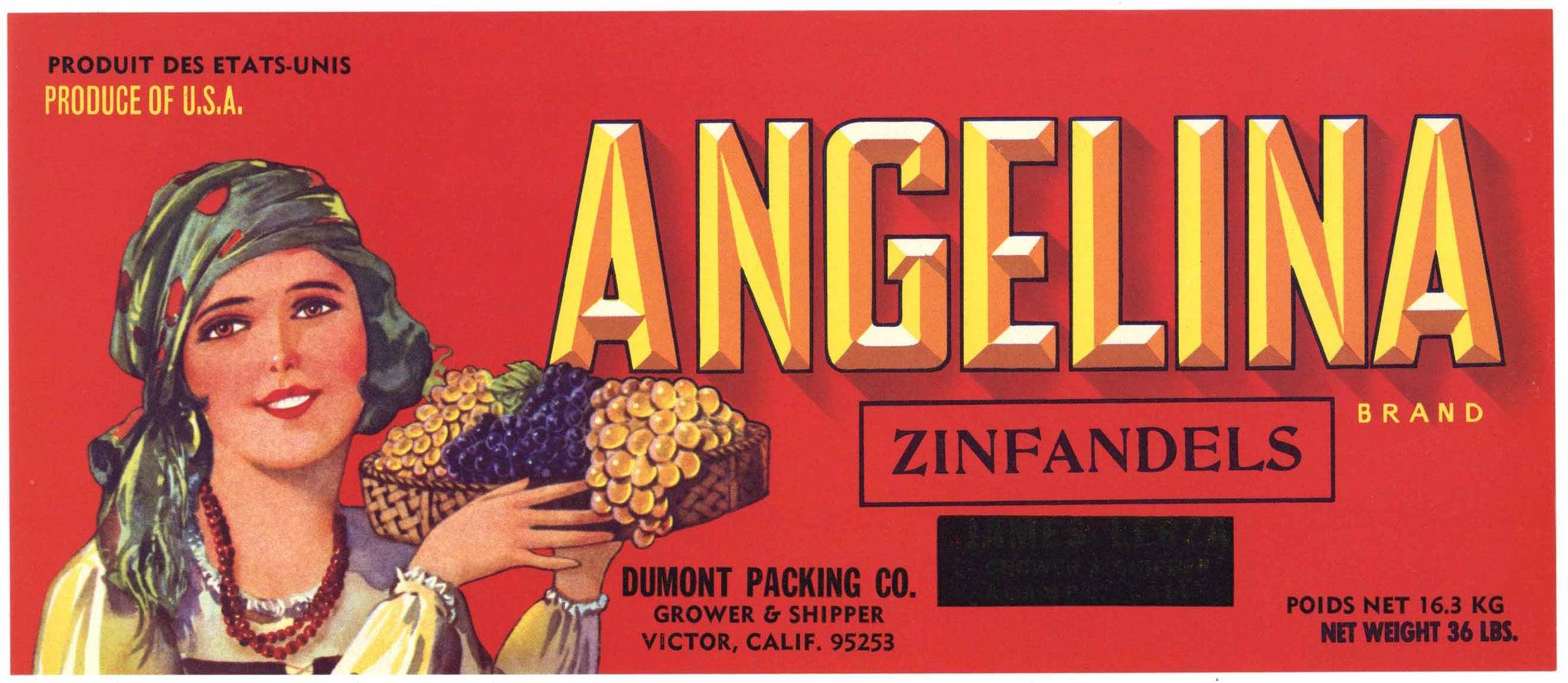 Angelina Brand Vintage Zinfandel Grape Crate Label, overprint