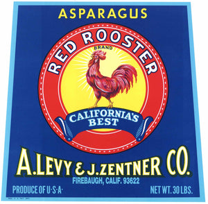 Red Rooster Brand Vintage Firebaugh California Asparagus Crate Label