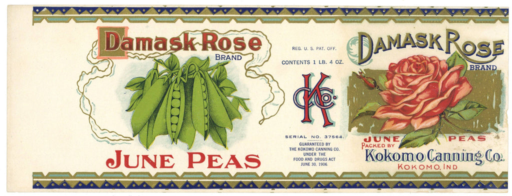Damask Rose Brand Vintage Kokomo Indiana Peas Can Label