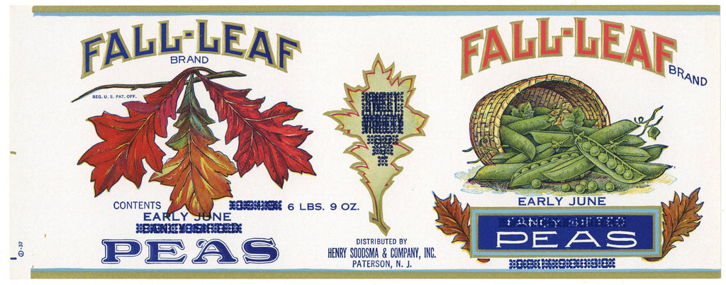 Fall-Leaf Brand Vintage Paterson New Jersey Early June Peas Can Label