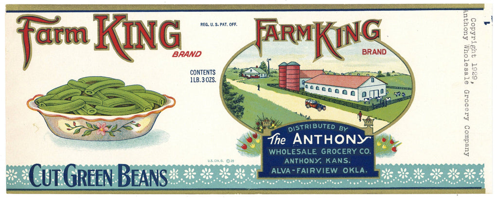 Farm King Brand Vintage Kansas Oklahoma Green Beans Can Label