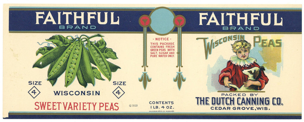 Faithful Brand Vintage Cedar Grove Wisconsin Peas Can Label