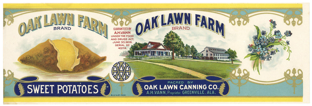 Oak Lawn Farm Brand Vintage Greenville Alabama Sweet Potato Can Label