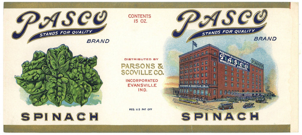 Pasco Brand Vintage Evansville Indiana Spinach Can Label