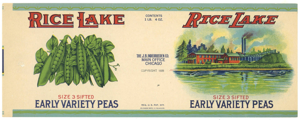 Rice Lake Brand Vintage Chicago Illinois Peas Can Label
