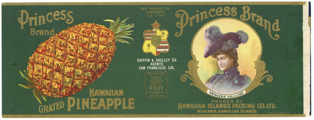 Princess Brand Vintage Wahiawa Hawaiian Islands Pineapple Can Label