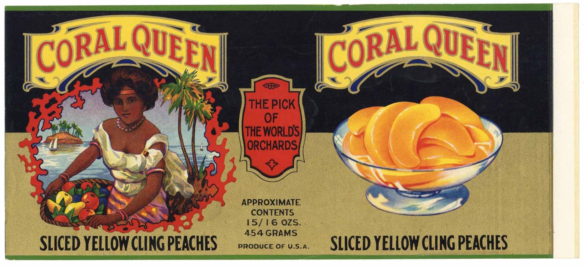 Coral Queen Brand Vintage Cling Peach Can Label