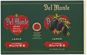 Del Monte Brand Vintage Large Olives Can Label, 1920s