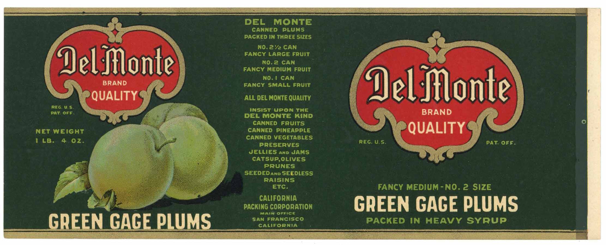 Del Monte Brand Vintage Green Cage Plums Can Label