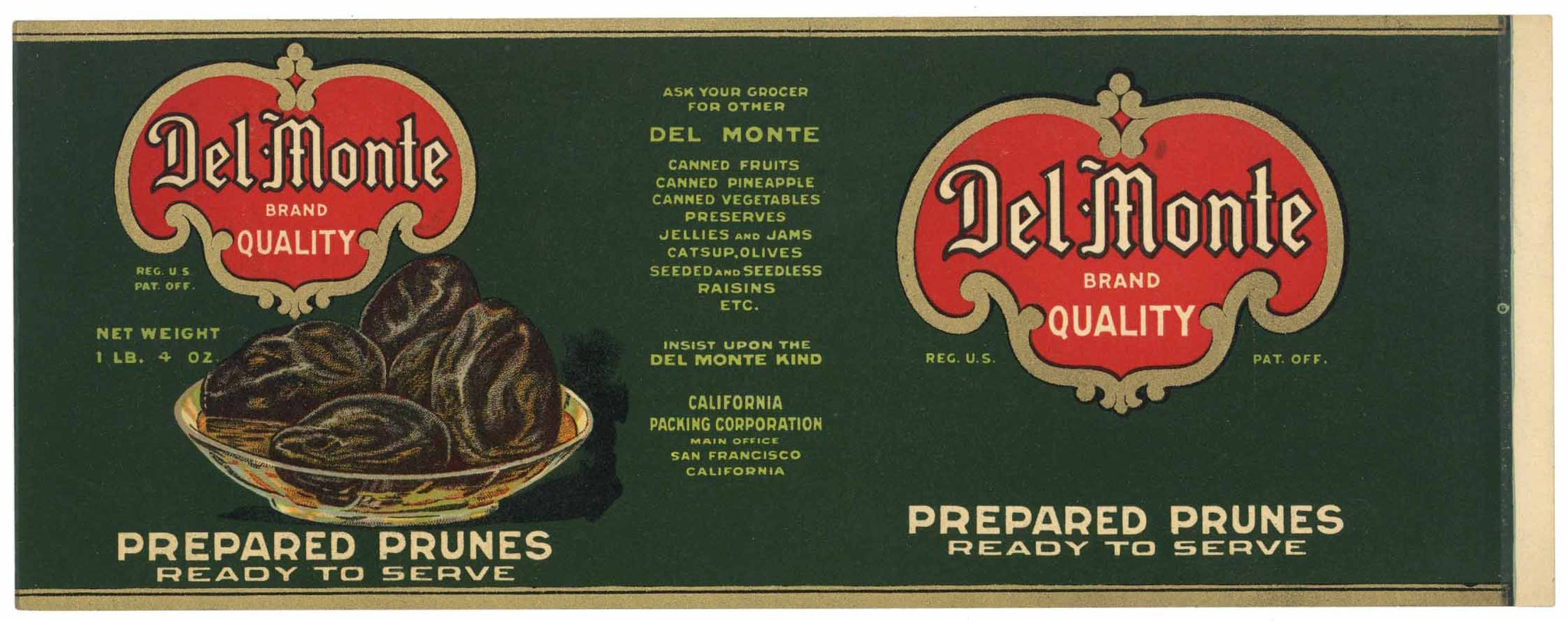 Del Monte Brand Vintage Prepared Prunes Can Label