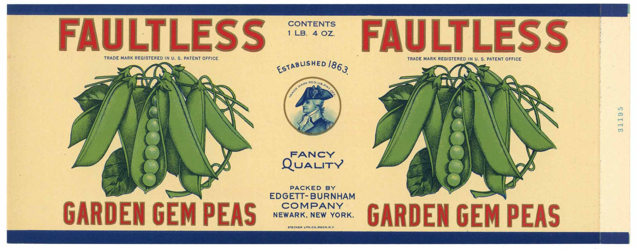 Faultless Brand Vintage Newark New York Gem Peas Can Label