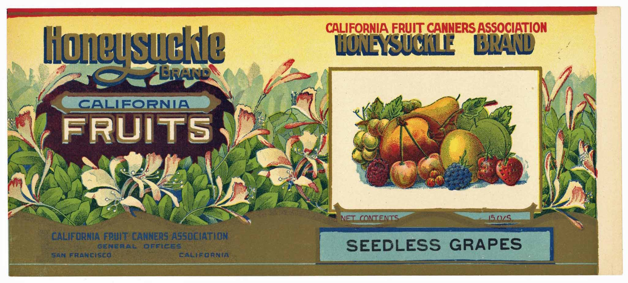 Honeysuckle Brand Vintage Seedless Grapes Can Label