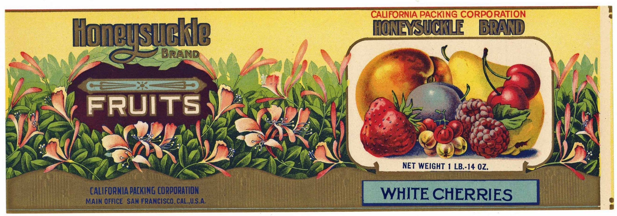 Honeysuckle Brand Vintage White Cherries Can Label