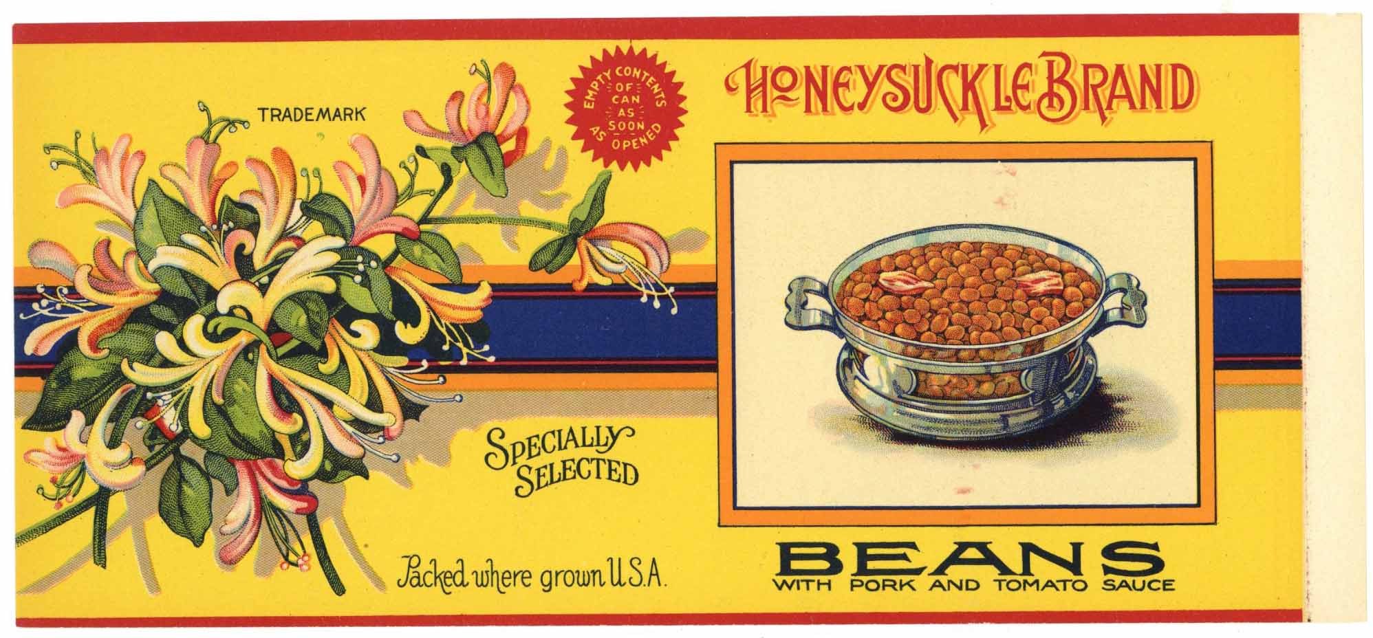 Honeysuckle Brand Vintage Pork and Beans Can Label