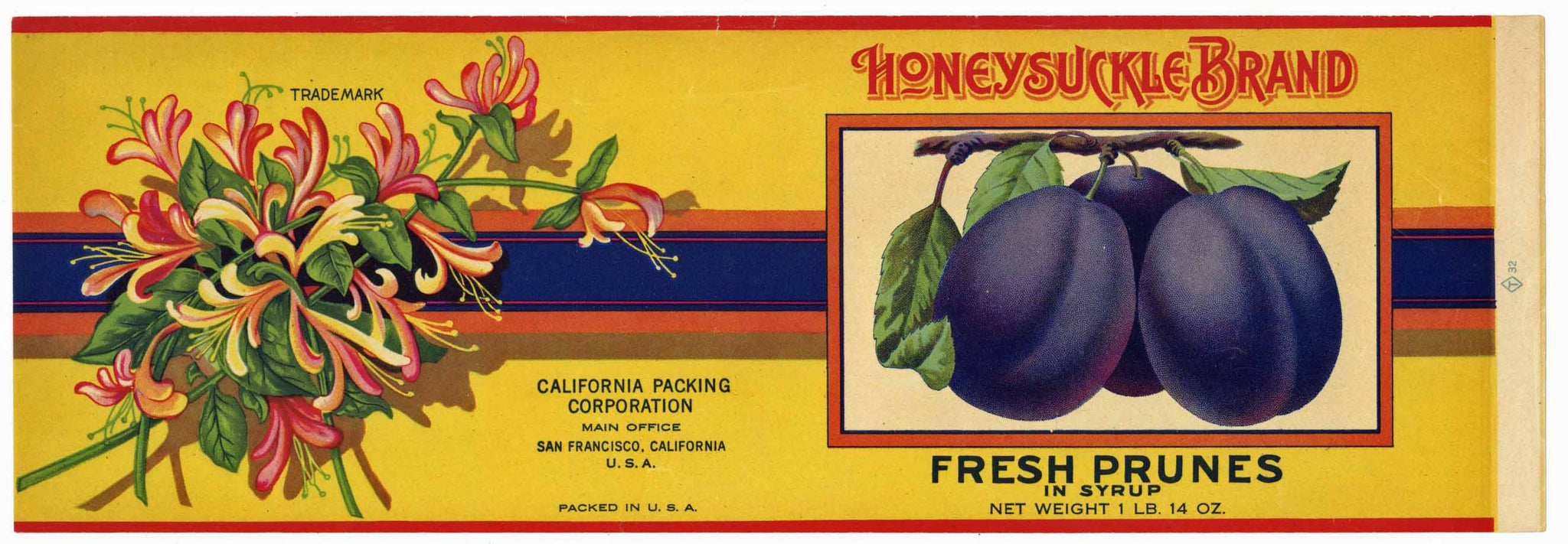 Honeysuckle Brand Vintage Fresh Prunes Can Label