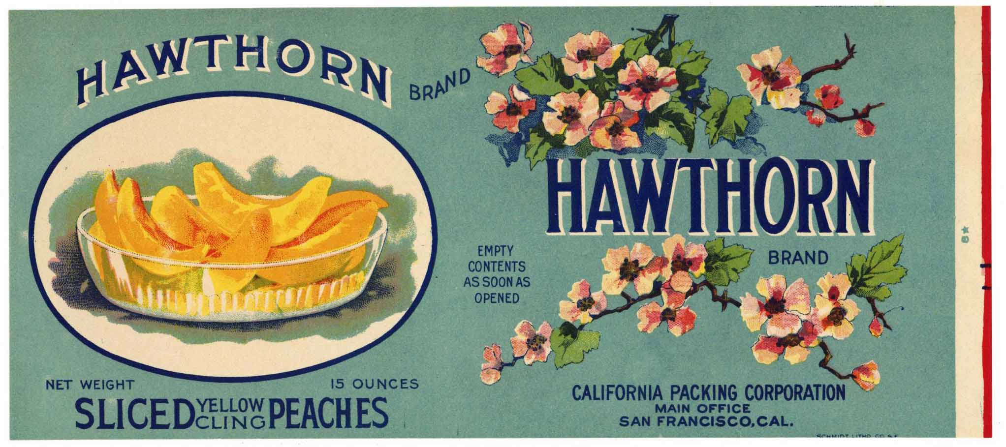 Hawthorn Brand Vintage Sliced Peaches Can Label