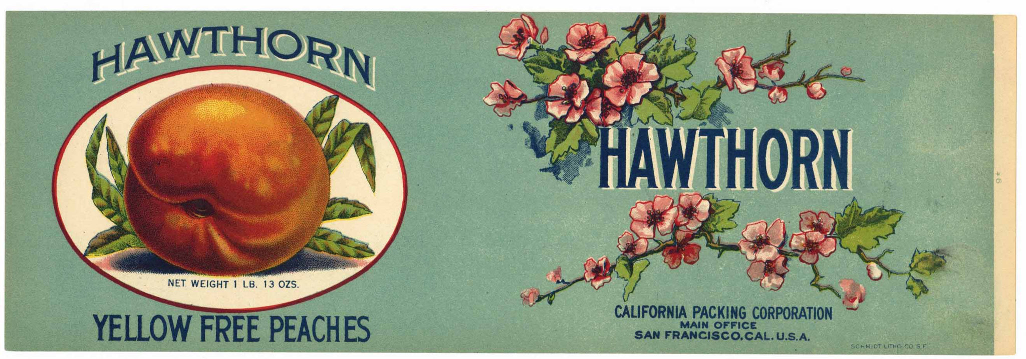 Hawthorn Brand Vintage Yellow Free Peaches Can Label, L