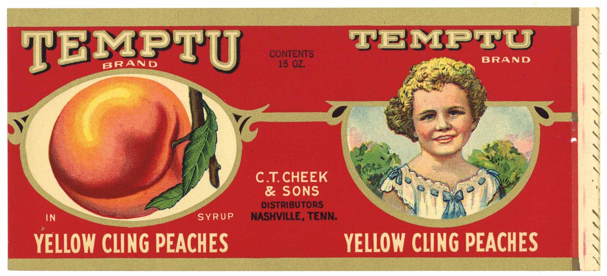 Temptu Brand Vintage Nashville Tennessee Peach Can Label, Cheek