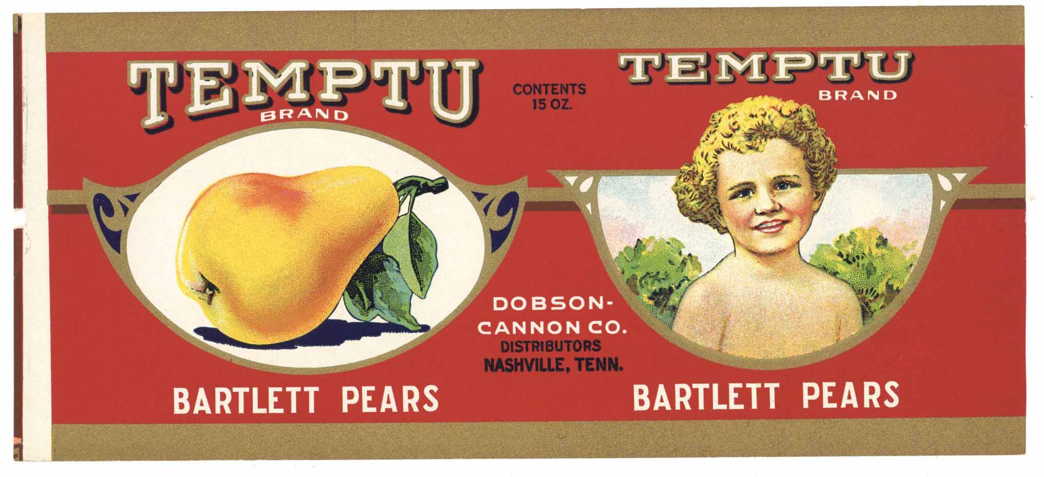 Temptu Brand Vintage Nashville Tennessee Pear Can Label, Dobson