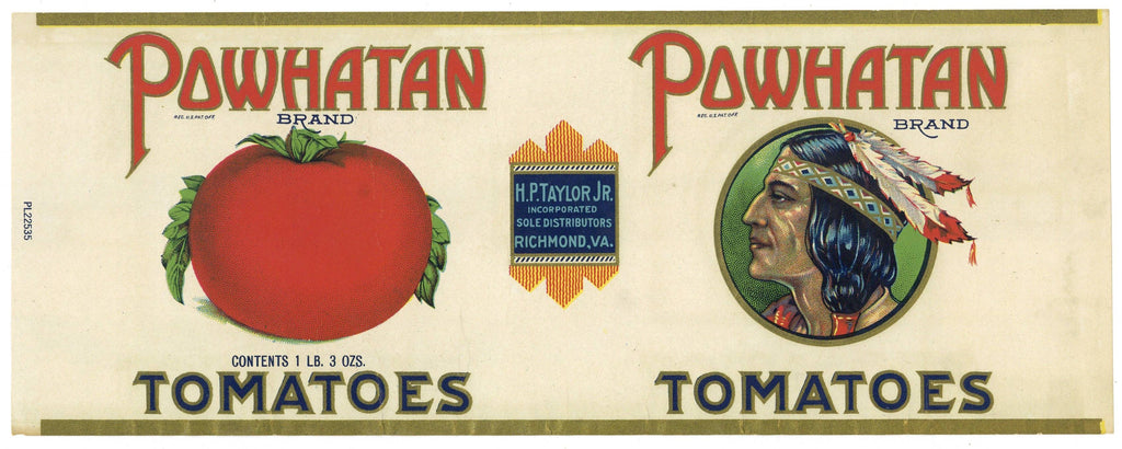 Powhatan Brand Vintage Richmond Virginia Tomato Can Label