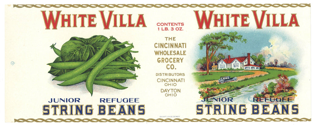 White Villa Brand Vintage Cincinnati Dayton Ohio String Beans Can Label