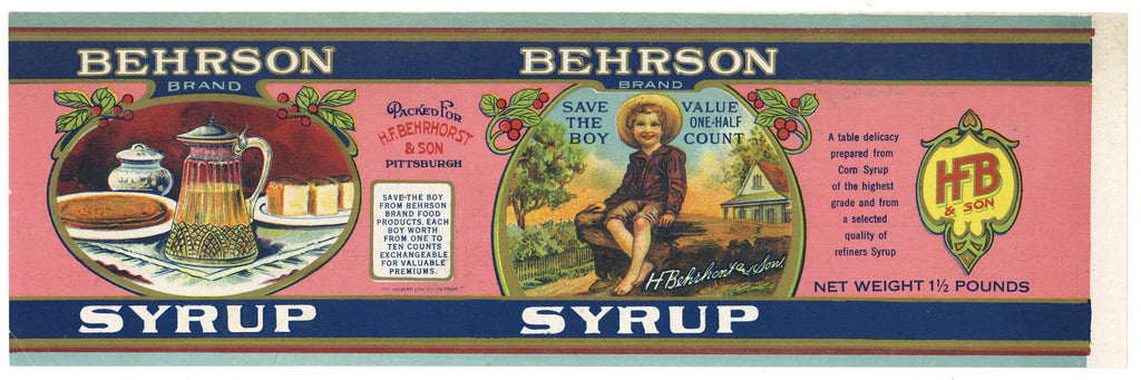 Behrson Brand Vintage Pittsburgh Pennsylvania Syrup Can Label