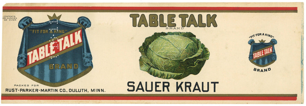 Table Talk Brand Vintage Duluth Minnesota Sauer Kraut Can Label