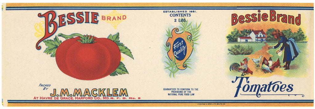 Bessie Brand Vintage Havre De Grace Maryland Tomato Can Label