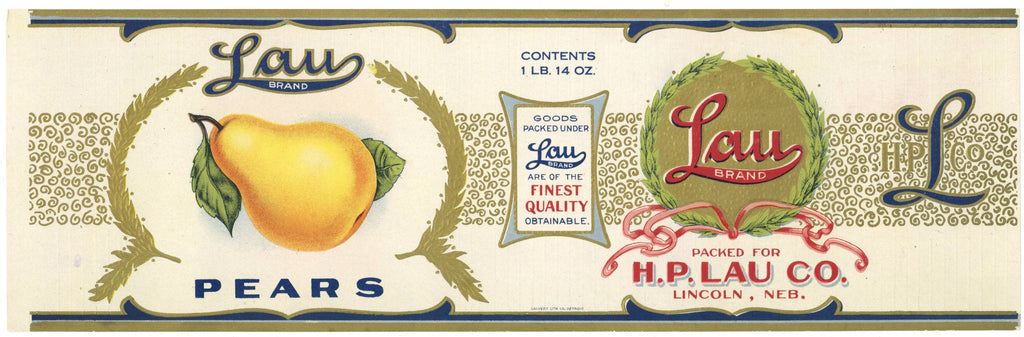 Lau Brand Vintage Lincoln Nebraska Pear Can Label