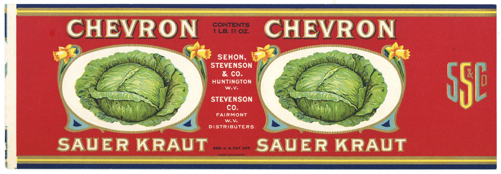 Chevron Brand Vintage Fairmont West Virginia Sauer Kraut Can Label