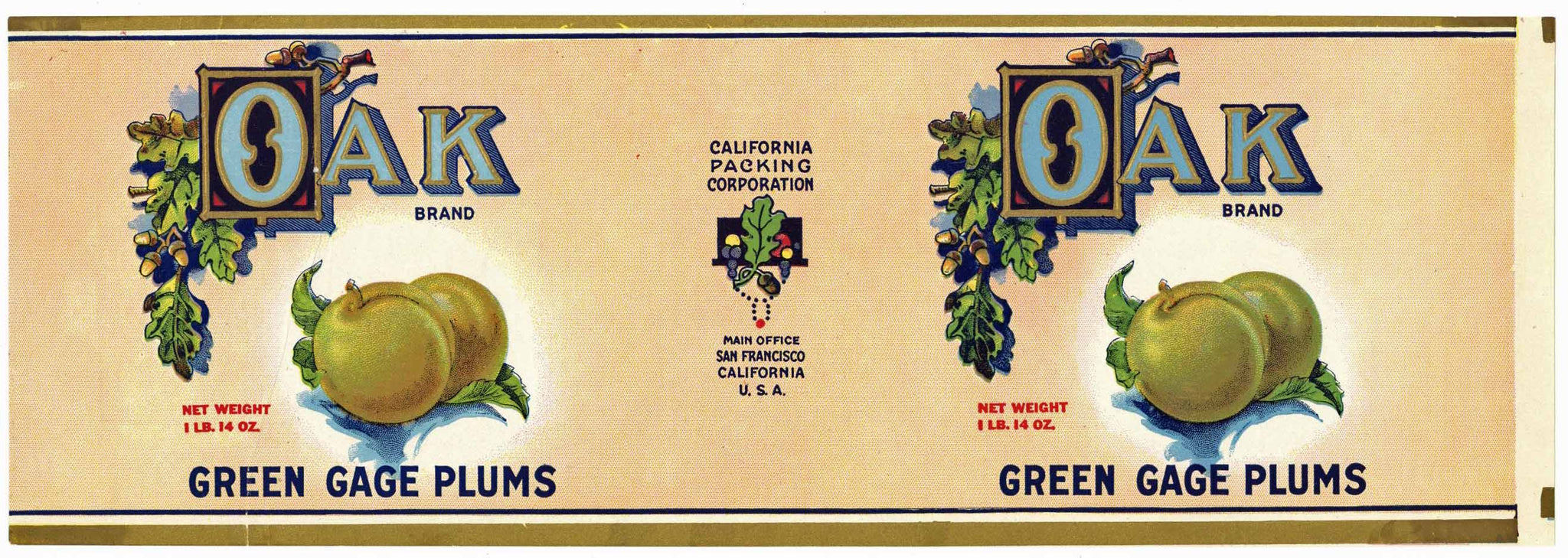 Oak Brand Vintage Green Cage Plums Can Label