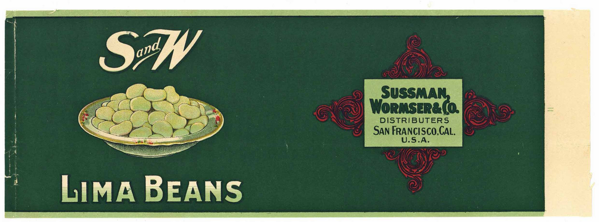 S and W Brand Vintage Sussman Wormser Lima Beans Can Label