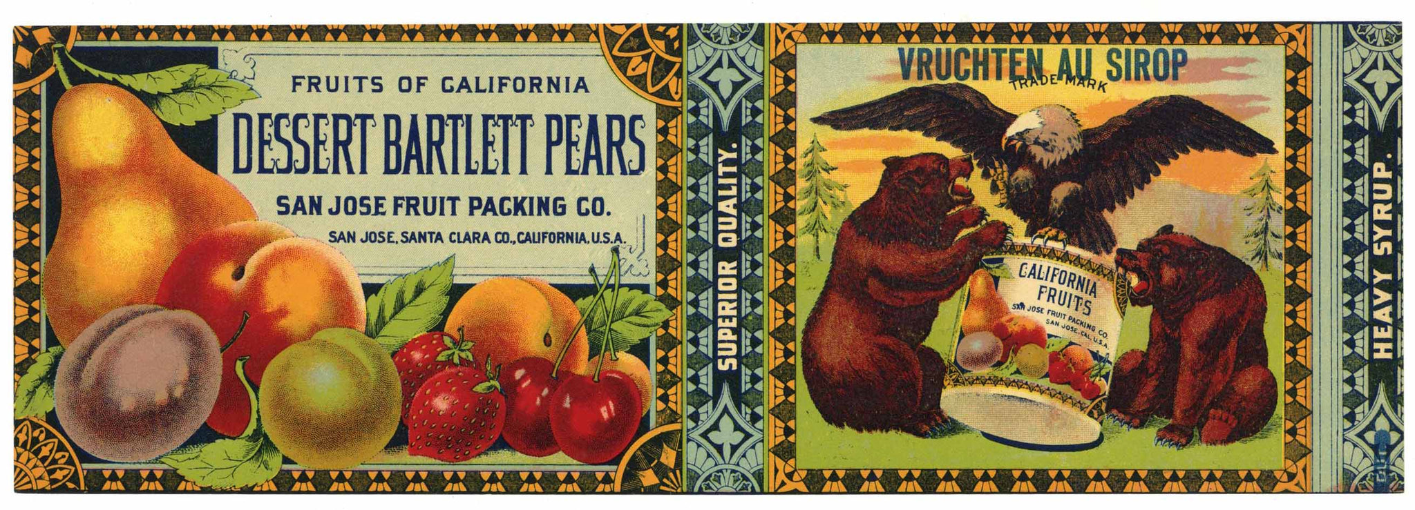 Dessert Bartlett Pears Brand Vintage San Jose Fruit Packing Co. Can Label, Dutch