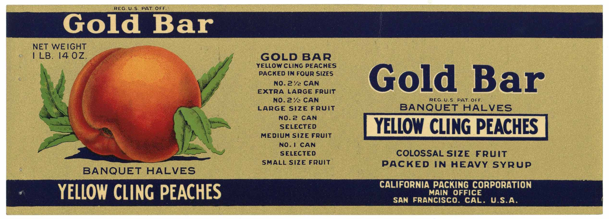 Gold Bar Brand Vintage Yellow Cling Peaches Can Label