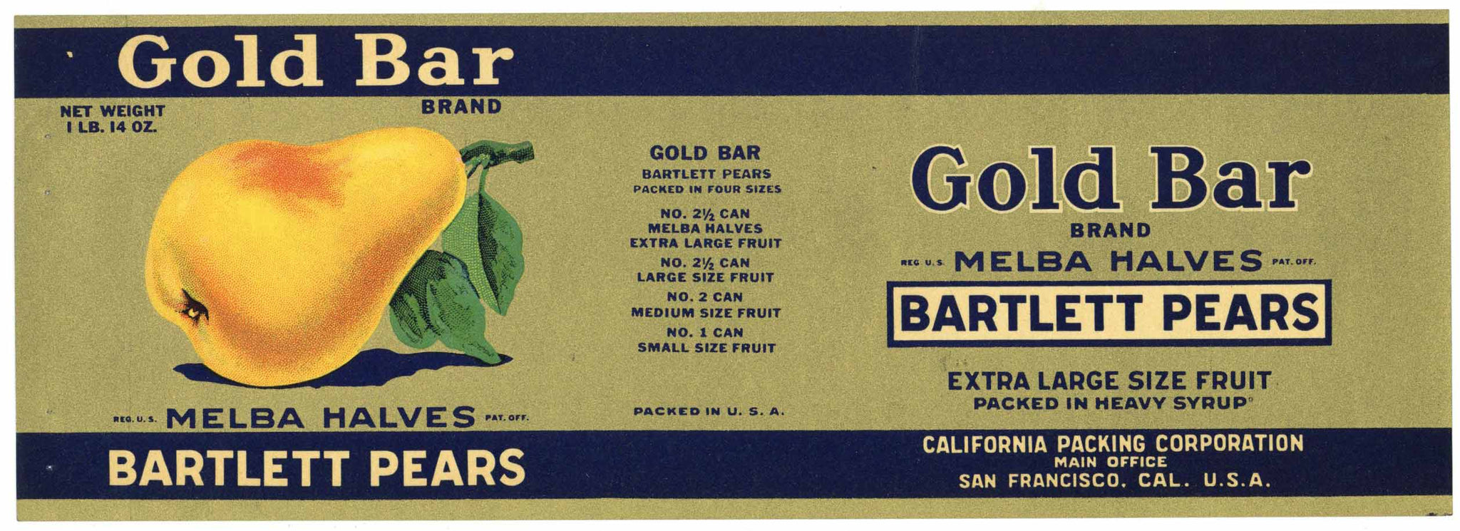 Gold Bar Brand Vintage Bartlett Pears Can Label