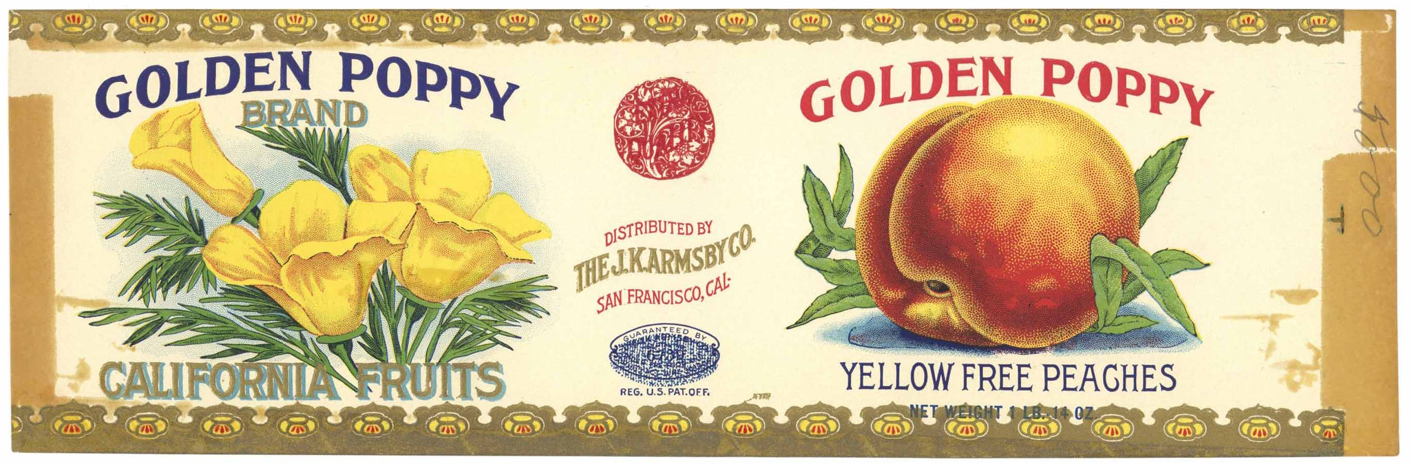 Golden Poppy Brand Vintage California Peach Can Label