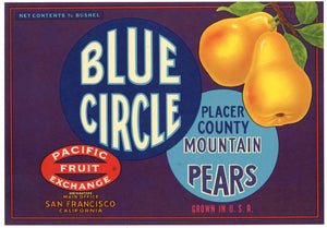 Blue Circle Vintage Placer County Pear Crate Label