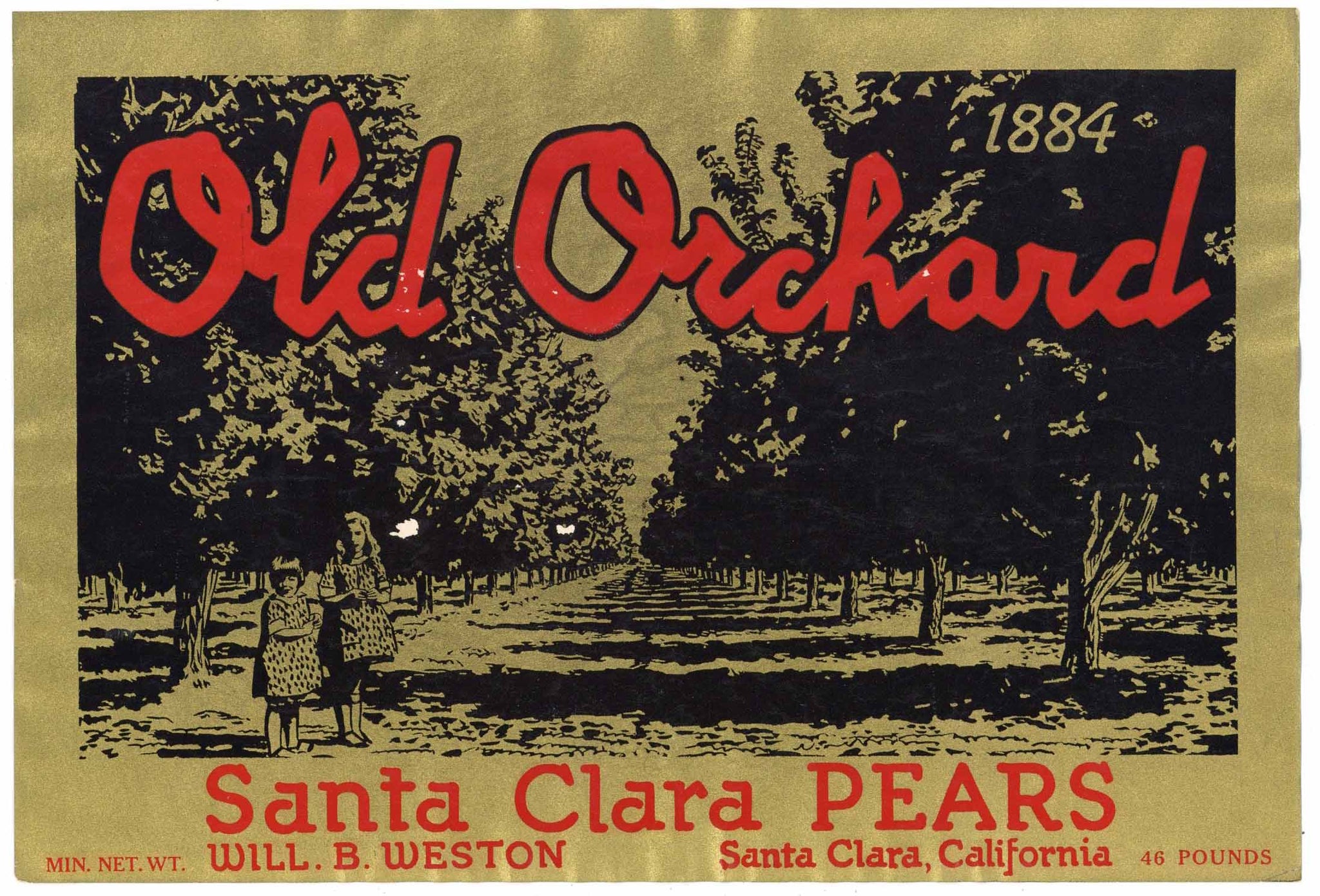 Old Orchard Brand Vintage Santa Clara California Pear Crate Label, 46 pounds, wear