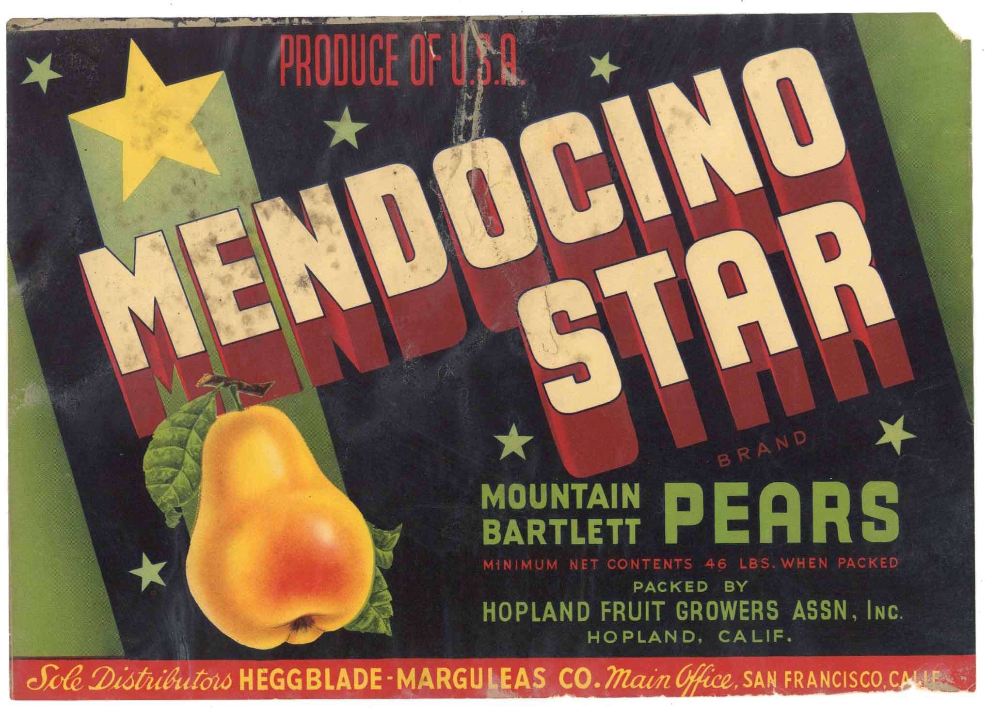 Mendocino Star Brand Vintage Hopland California Pear Crate Label, damage