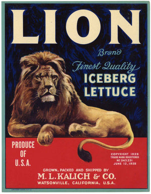 Lion Brand Vintage Watsonville Vegetable Crate Label, blue trim