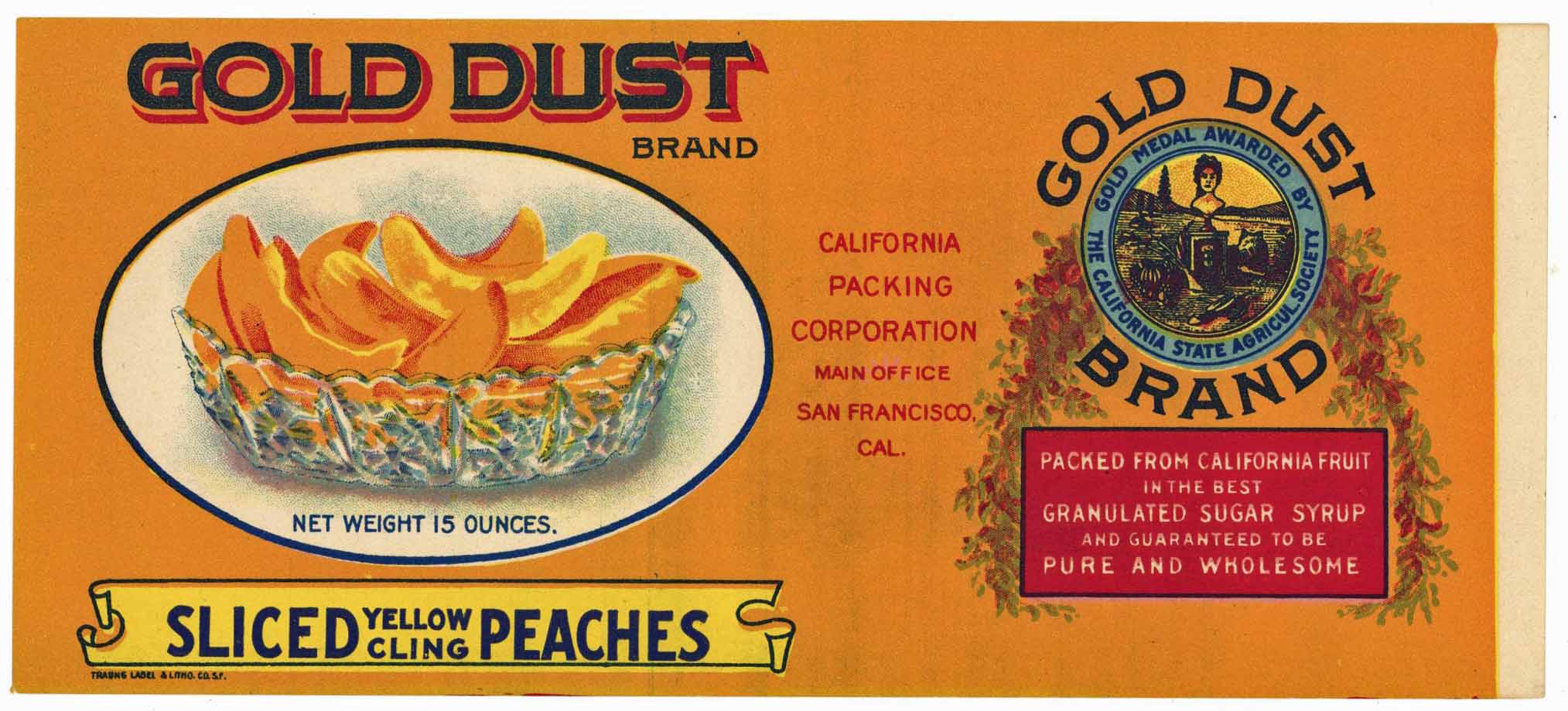 Gold Dust Brand Vintage Sliced Yellow Peaches Can Label