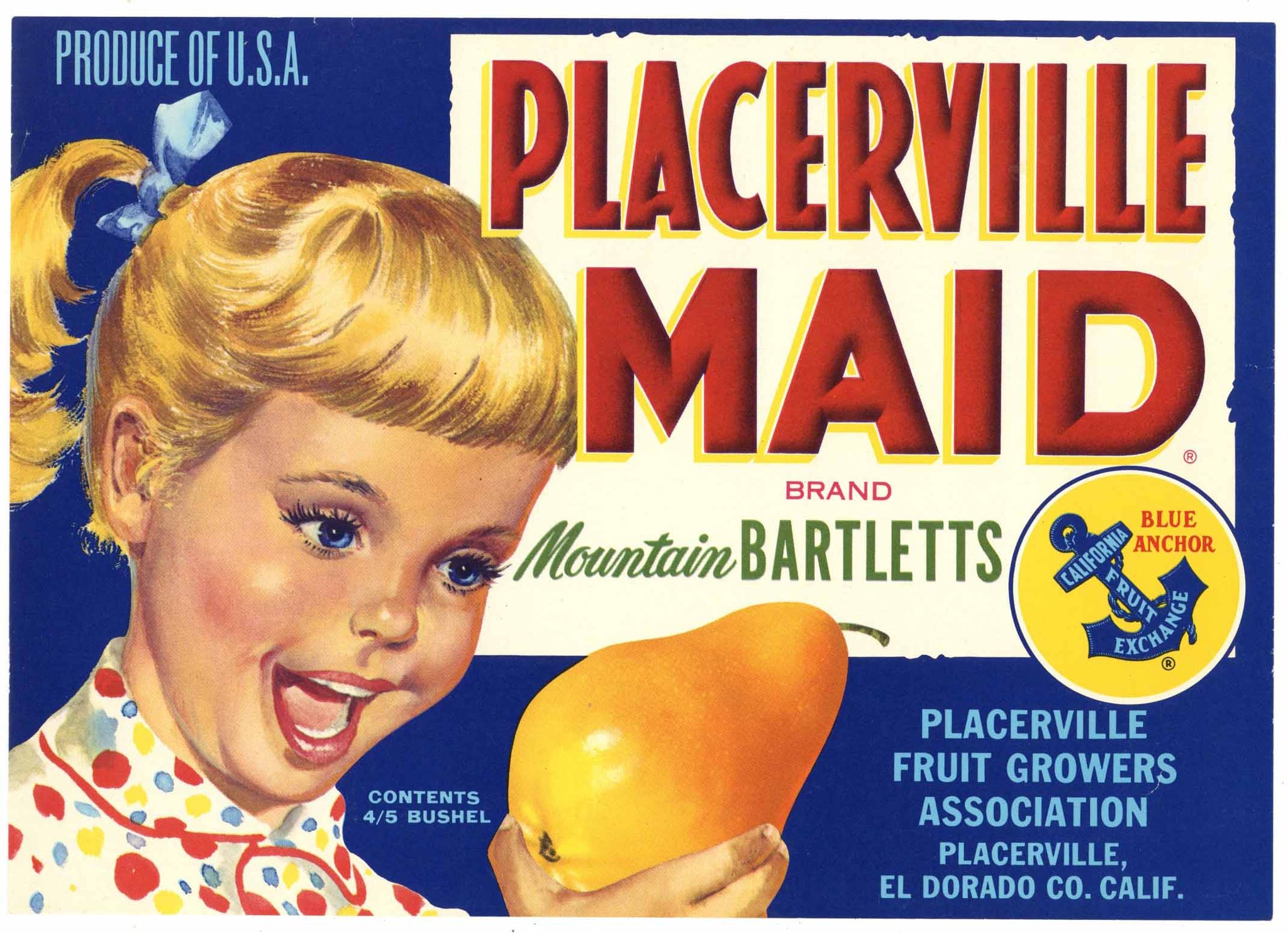 Placerville Maid Brand Vintage El Dorado County Pear Crate Label, blonde