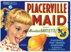 Placerville Maid Brand Vintage El Dorado County Pear Crate Label, blonde