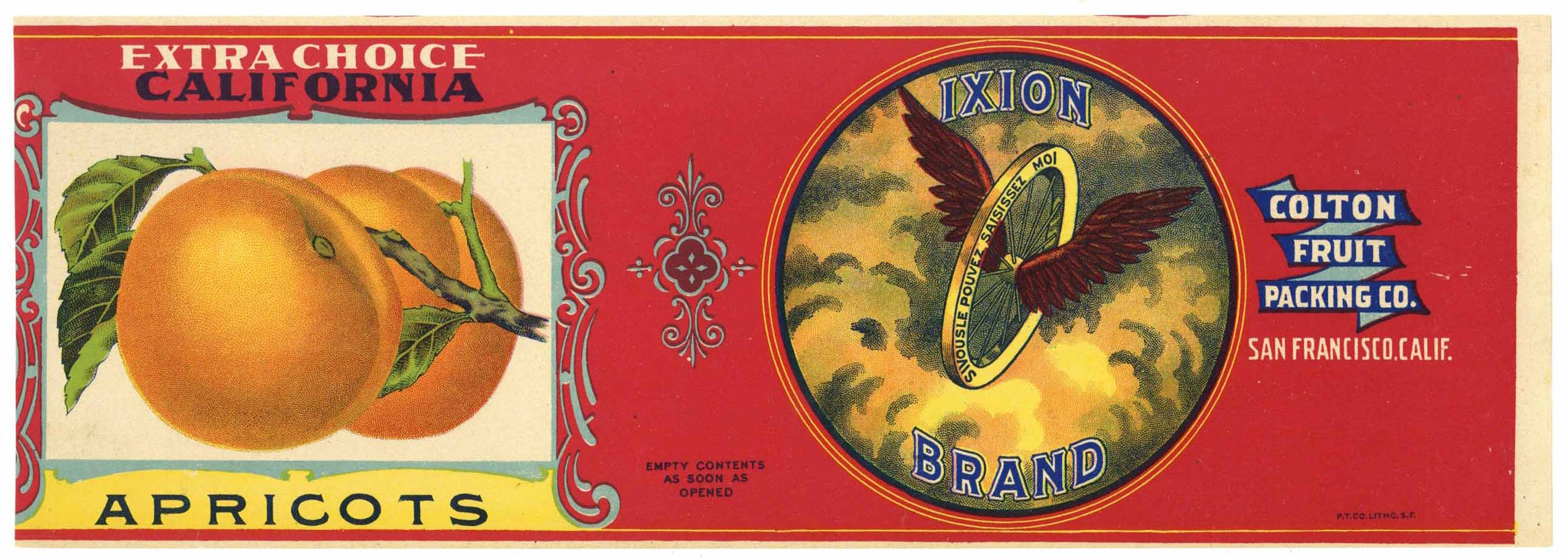 Ixion Brand Vintage California Apricot Can Label. Colton Fruit Packing