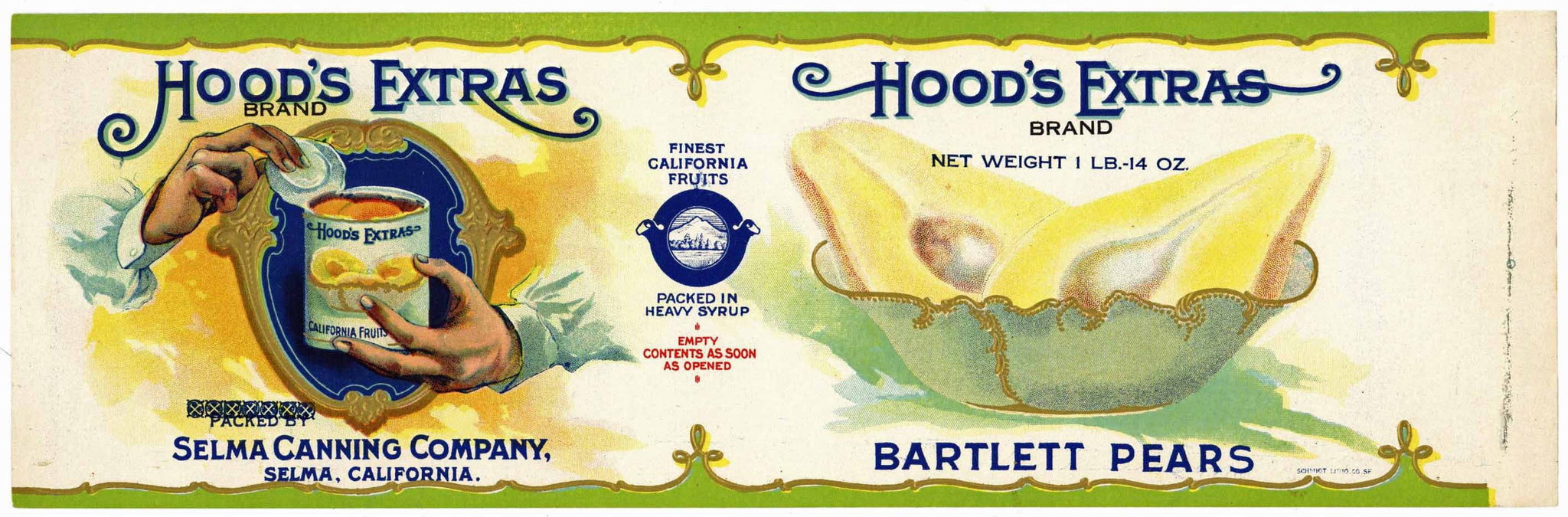 Hood's Extra Brand Vintage Selma California Pear Can Label